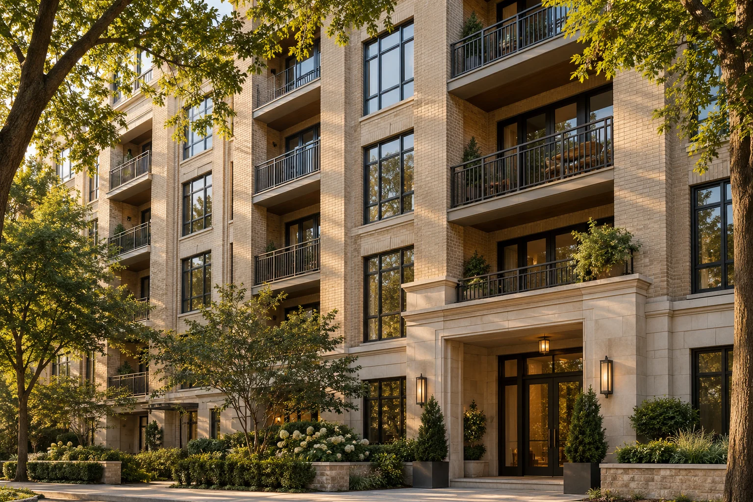 Illustrative multifamily architecture with warm brick, balconies, and mature trees